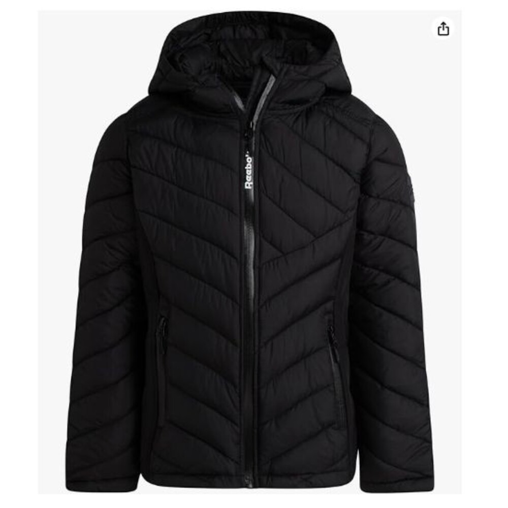Reebok Girl’s Hooded Winter Jacket Weather Resistant Puffer Black Size 14-16